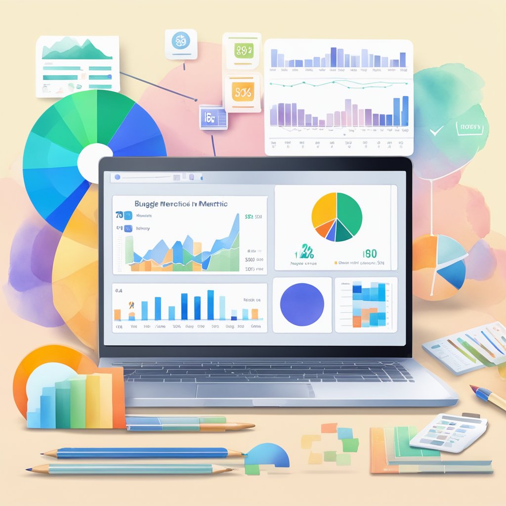 A laptop displaying various content metrics, surrounded by charts and graphs, with a budget-friendly marketing plan in the background