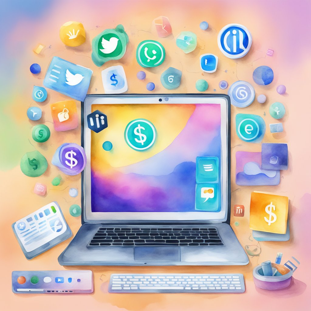 A laptop surrounded by various marketing materials and social media icons, with a dollar sign in the center