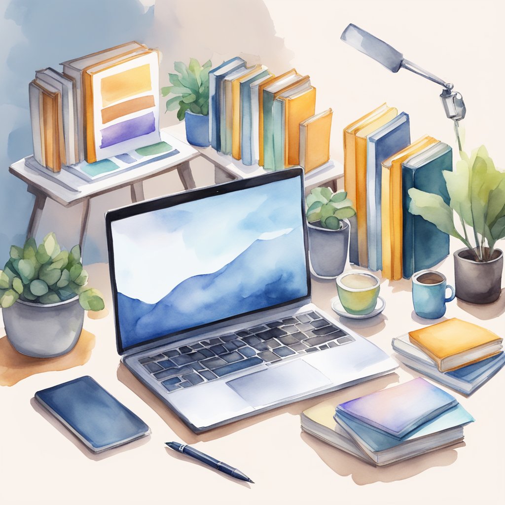 A desk with a laptop, notebook, and pen surrounded by marketing books and resources. A budget-friendly content marketing guide sits open