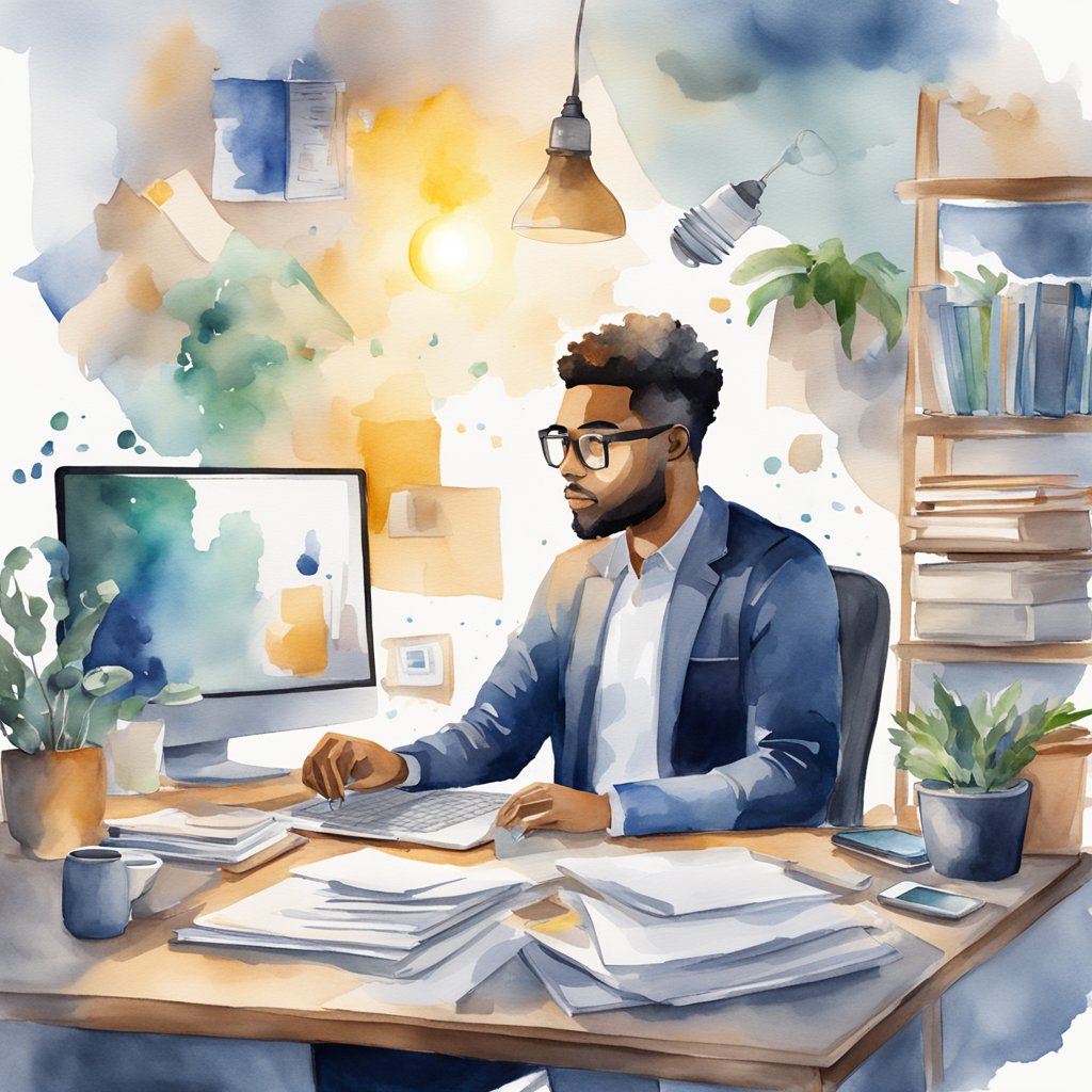 A solopreneur sits at a desk, surrounded by a clutter of papers and a laptop. A lightbulb hovers above, symbolizing the creative ideas sparked by LDMC's content marketing services