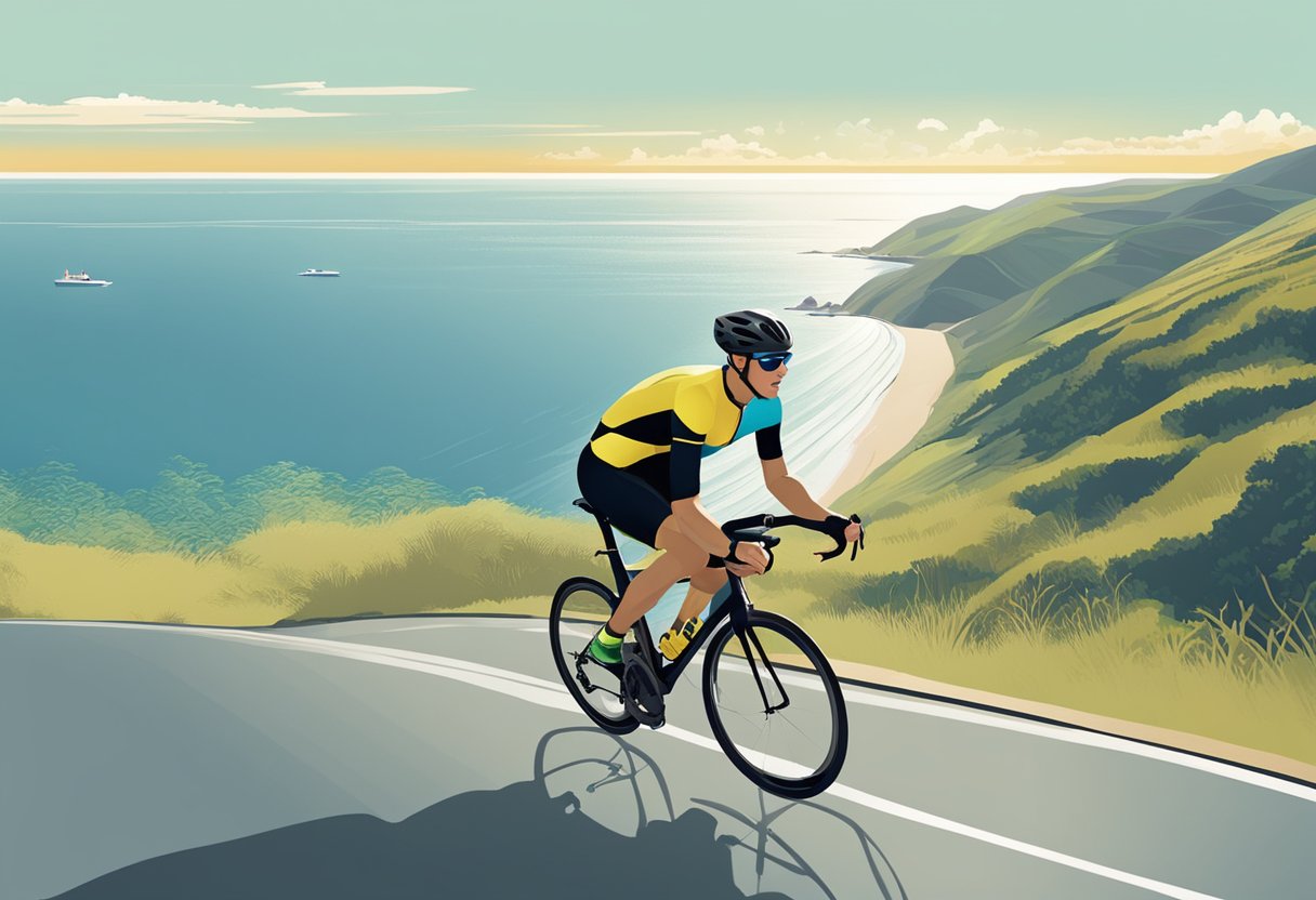 A triathlete cycling along a scenic coastal road, with a calm ocean in the background and a clear blue sky overhead