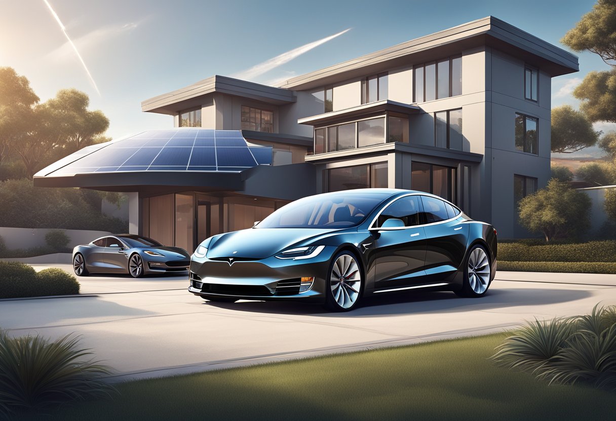 Een stijlvolle Tesla-auto geparkeerd voor een modern herenhuis, omgeven door zonnepanelen en een SpaceX-raket op de achtergrond