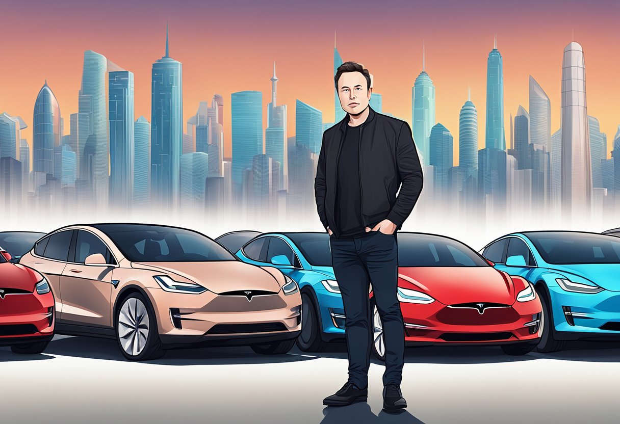 Elon Musk staat voor een rij Tesla elektrische auto's, met een futuristische stadsgezicht op de achtergrond