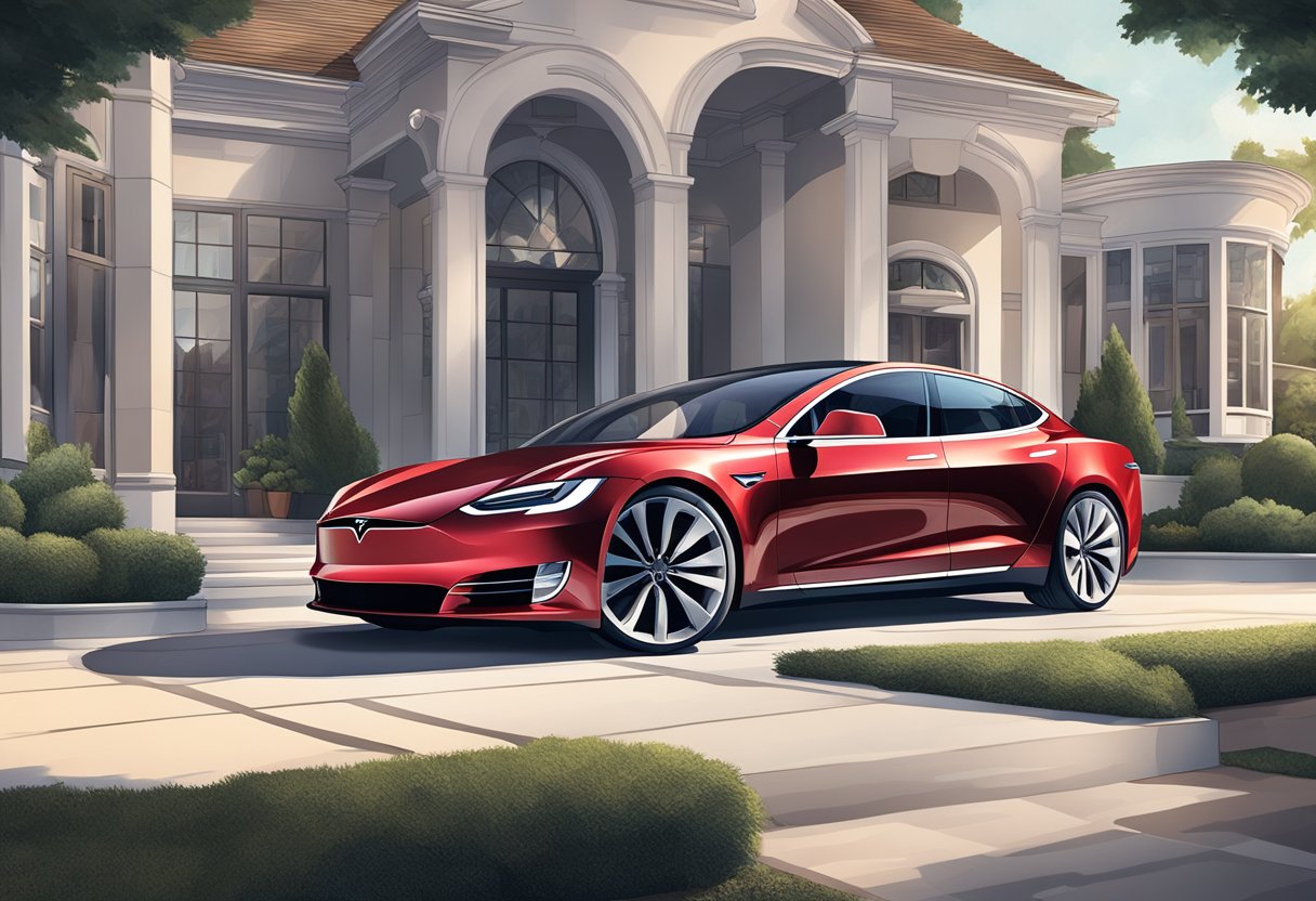 Een stijlvolle Tesla-auto geparkeerd voor een modern herenhuis, omringd door luxe artikelen en dure bezittingen