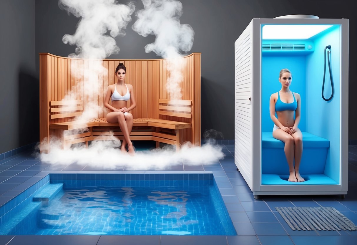 A person sitting in a sauna surrounded by hot steam, with a cold plunge pool and cryotherapy chamber nearby