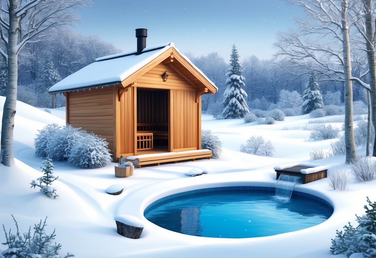 A serene snow-covered landscape with a traditional wooden sauna and a cold plunge pool surrounded by nature