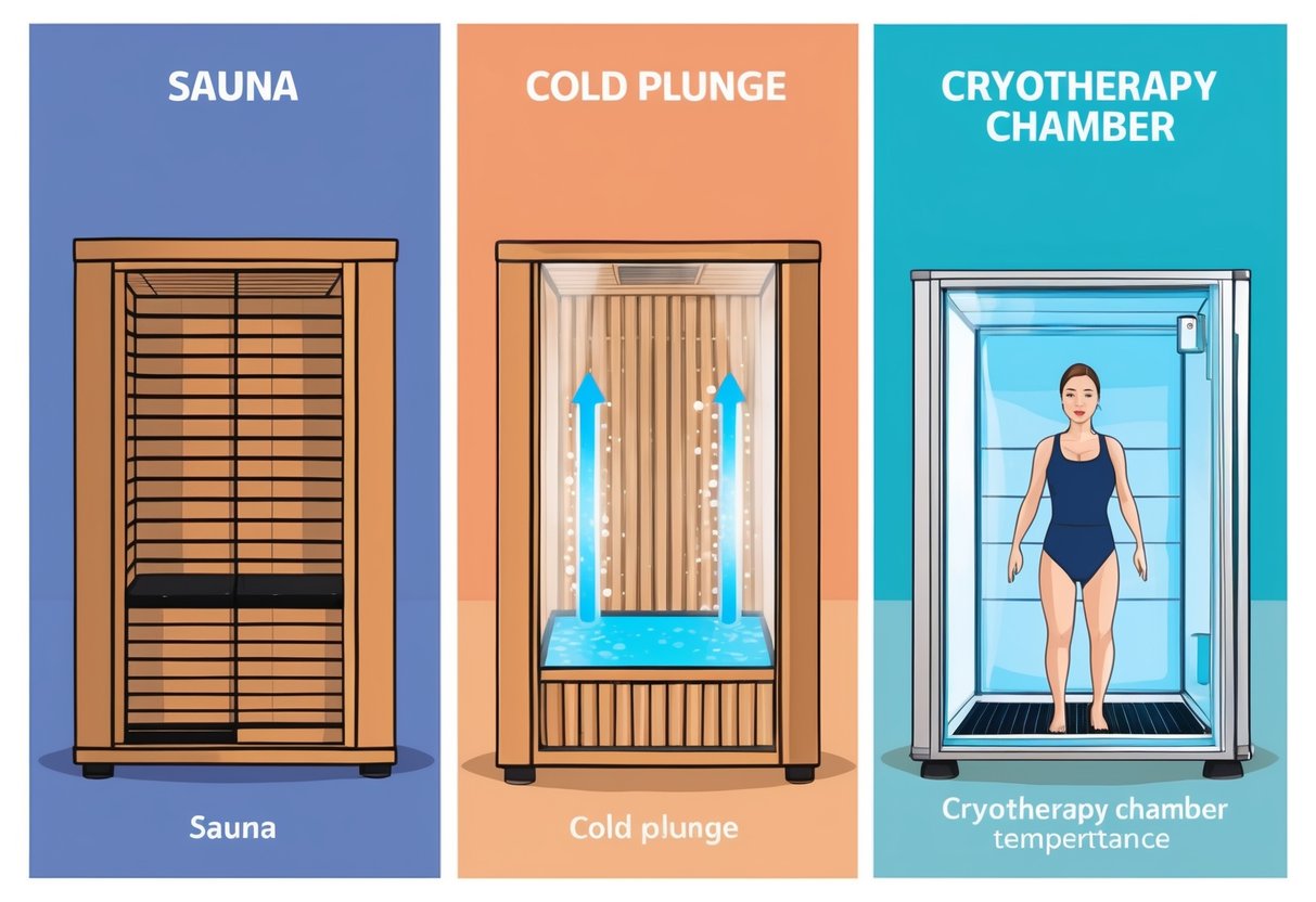 A sauna, cold plunge, and cryotherapy chamber are depicted side by side, highlighting the contrast in temperature and environment