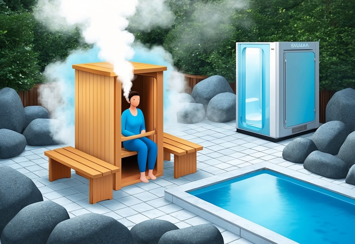 A person sitting in a sauna with steam rising, surrounded by wooden benches and rocks. Outside, a cold plunge pool and a cryotherapy chamber are visible