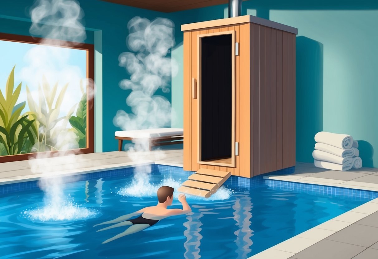 A person stepping out of a sauna and into a cold plunge, surrounded by a serene spa environment with steam rising from the water