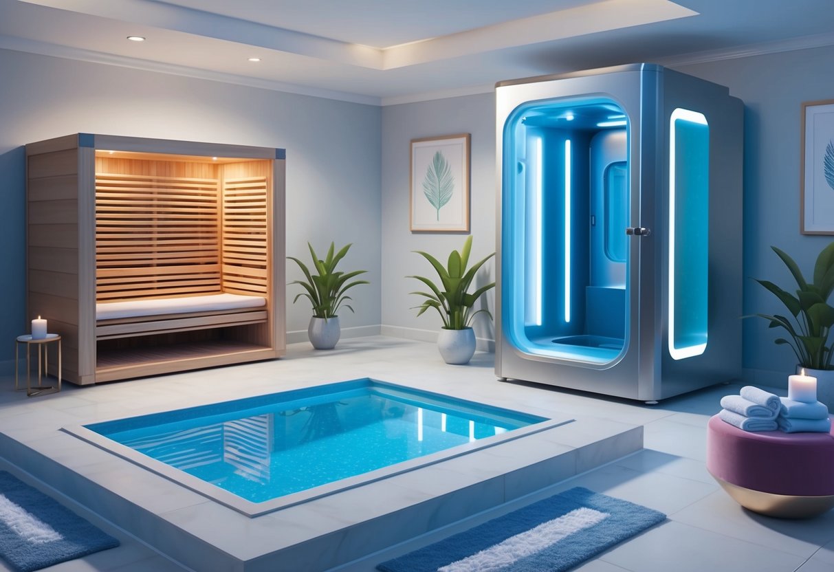 A serene spa setting with a sauna, cold plunge pool, and cryotherapy chamber surrounded by calming decor and soothing lighting
