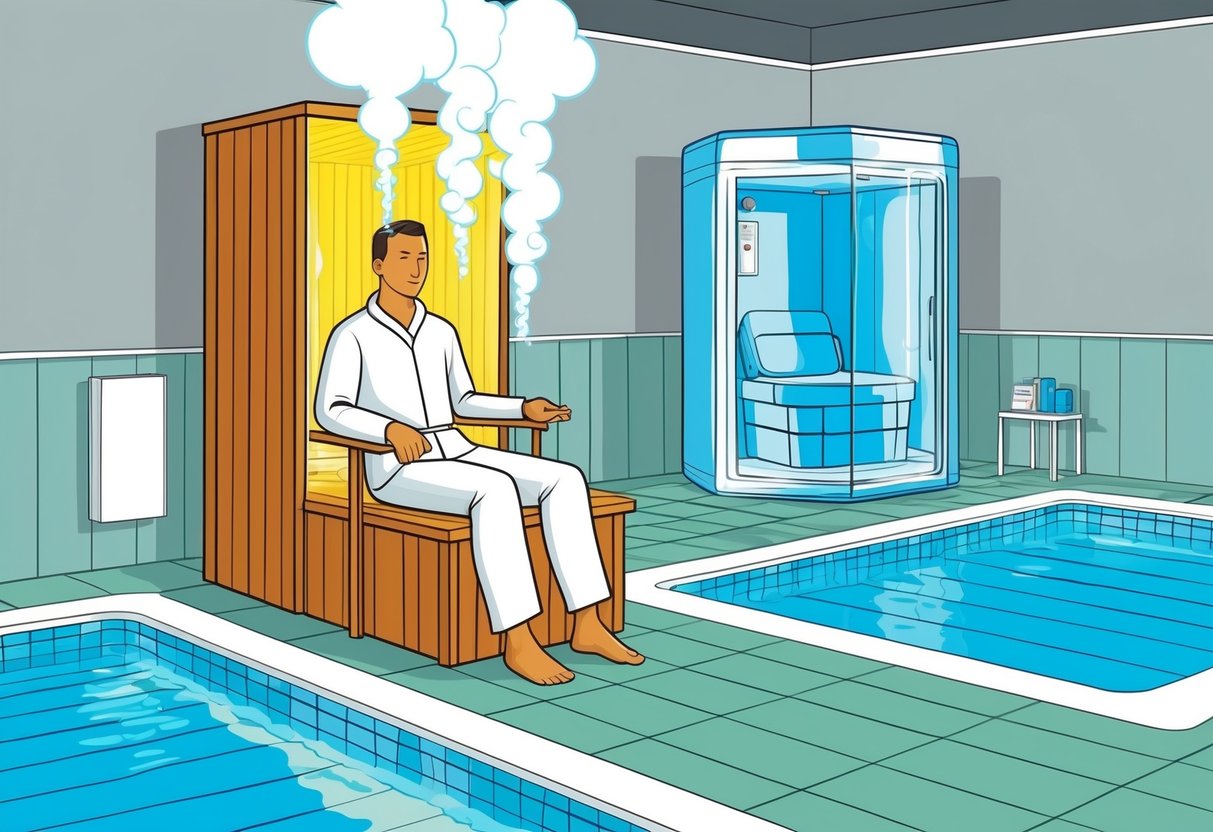 A person is sitting in a sauna, surrounded by hot steam. A cold plunge pool is nearby, and a cryotherapy chamber is visible