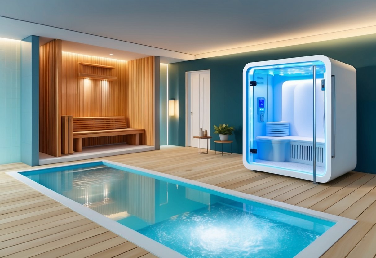 A serene spa room with a traditional sauna, an icy cold plunge pool, and a modern cryotherapy chamber