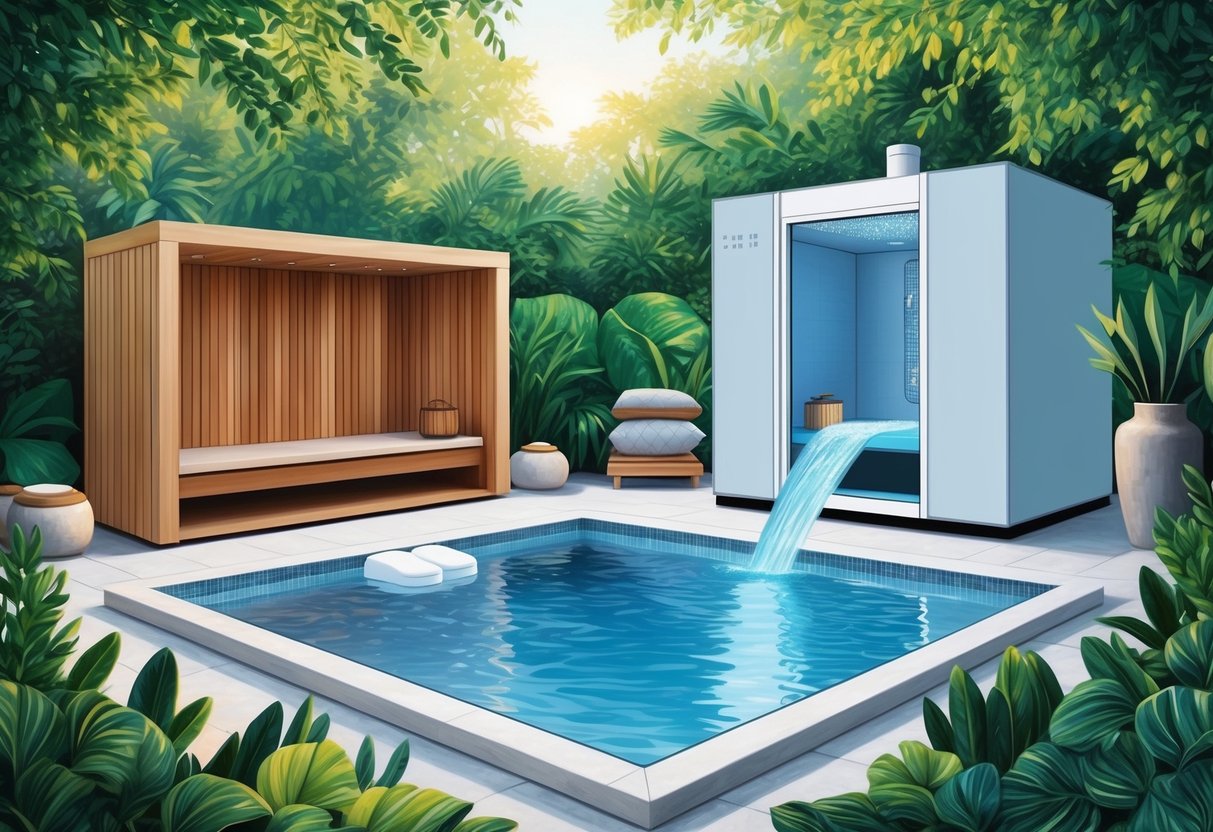 A serene spa setting with a sauna, cold plunge pool, and cryotherapy chamber surrounded by lush greenery and calming natural elements