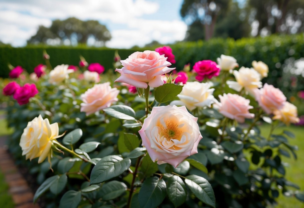 A lush garden of silk roses in Australia, with vibrant colors and delicate petals swaying in the gentle breeze