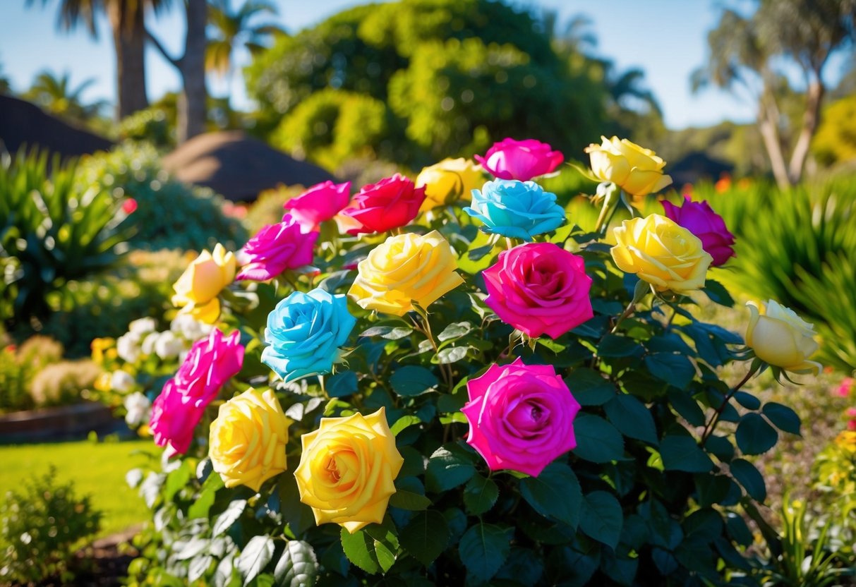 A lush garden of colorful silk roses blooming in the Australian sunlight, surrounded by native flora and fauna