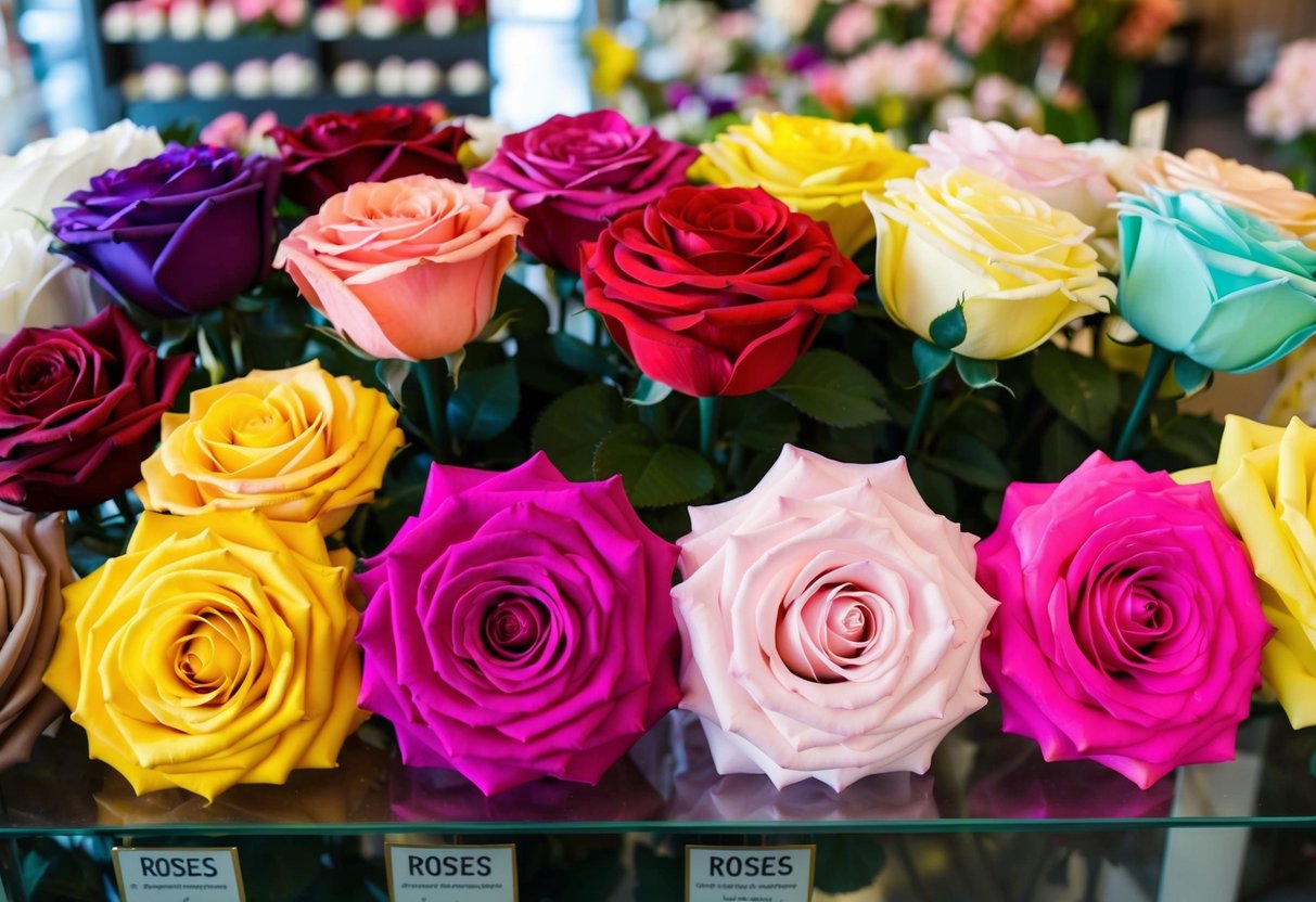 A variety of silk roses in different colors and sizes arranged in a display at a florist shop