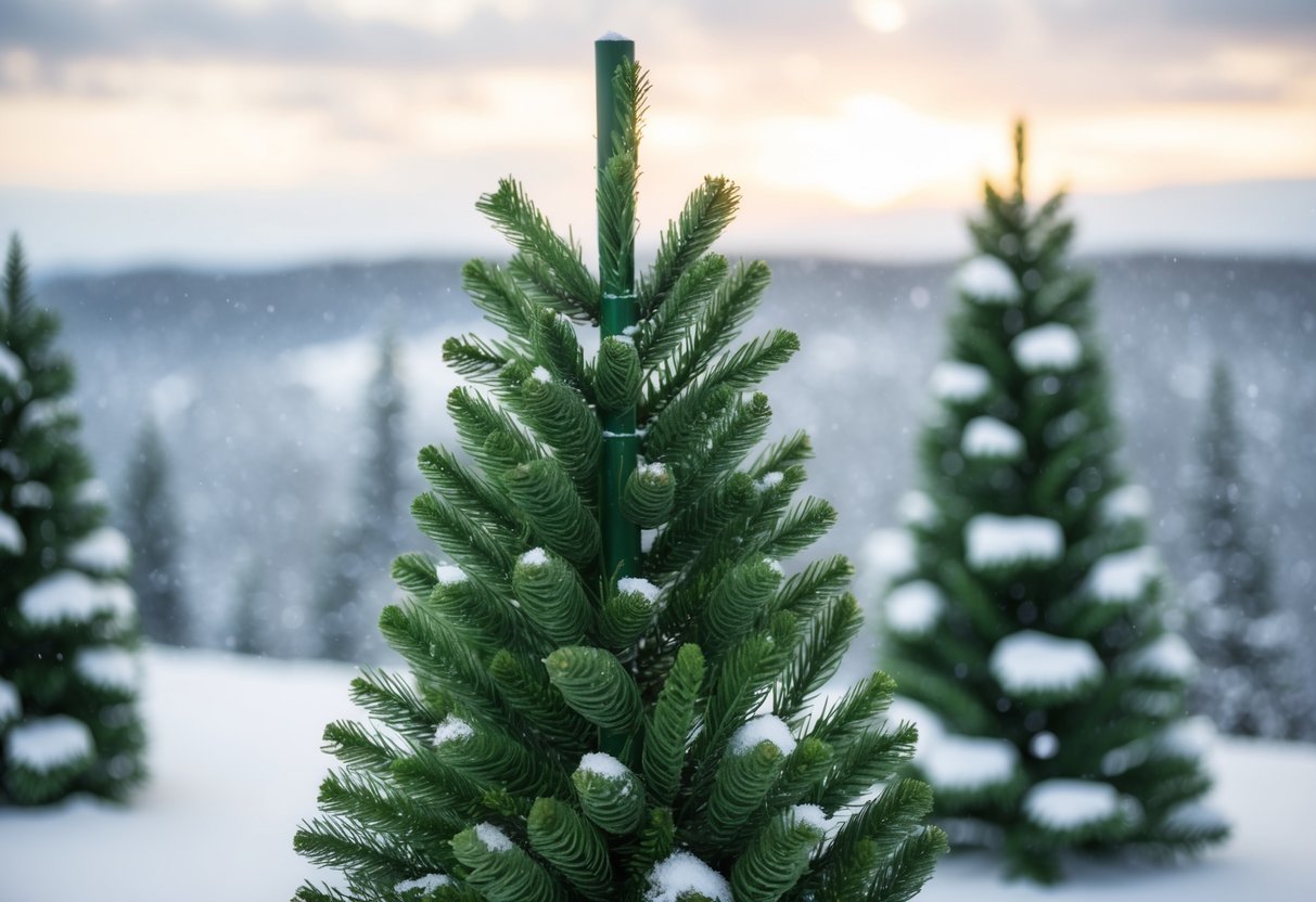 A fake pine tree standing tall in a snow-covered landscape, with artificial branches and needles arranged in a natural-looking pattern