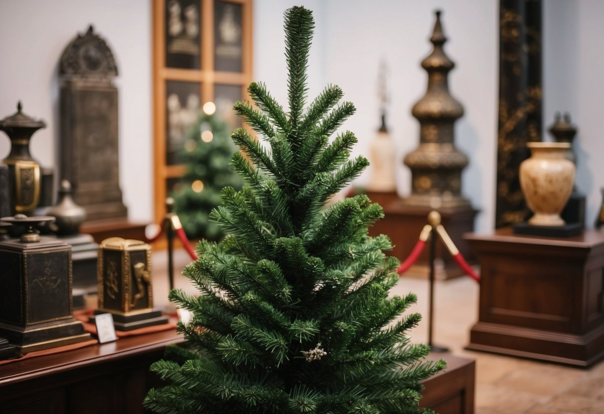 A fake pine tree stands tall, surrounded by historical artifacts