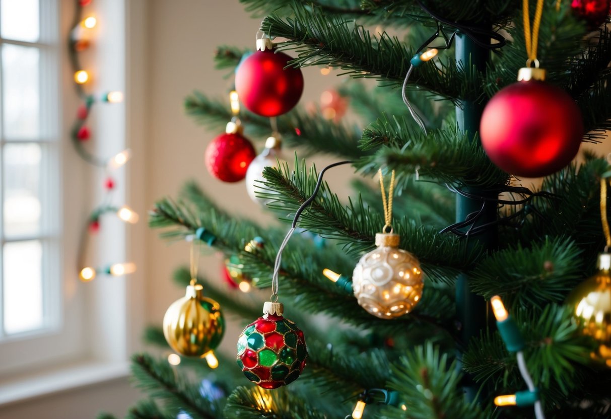 A fake pine tree being adorned with colorful ornaments and twinkling lights