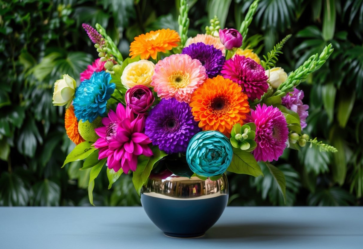 A vibrant bouquet of silk flowers in a variety of colors and shapes, arranged in a stylish vase against a backdrop of lush greenery