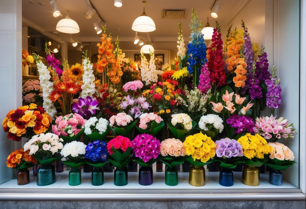 A vibrant display of silk flowers in various colors and types, arranged in a shop window in Australia, showcasing the history and popularity of silk flowers in the region