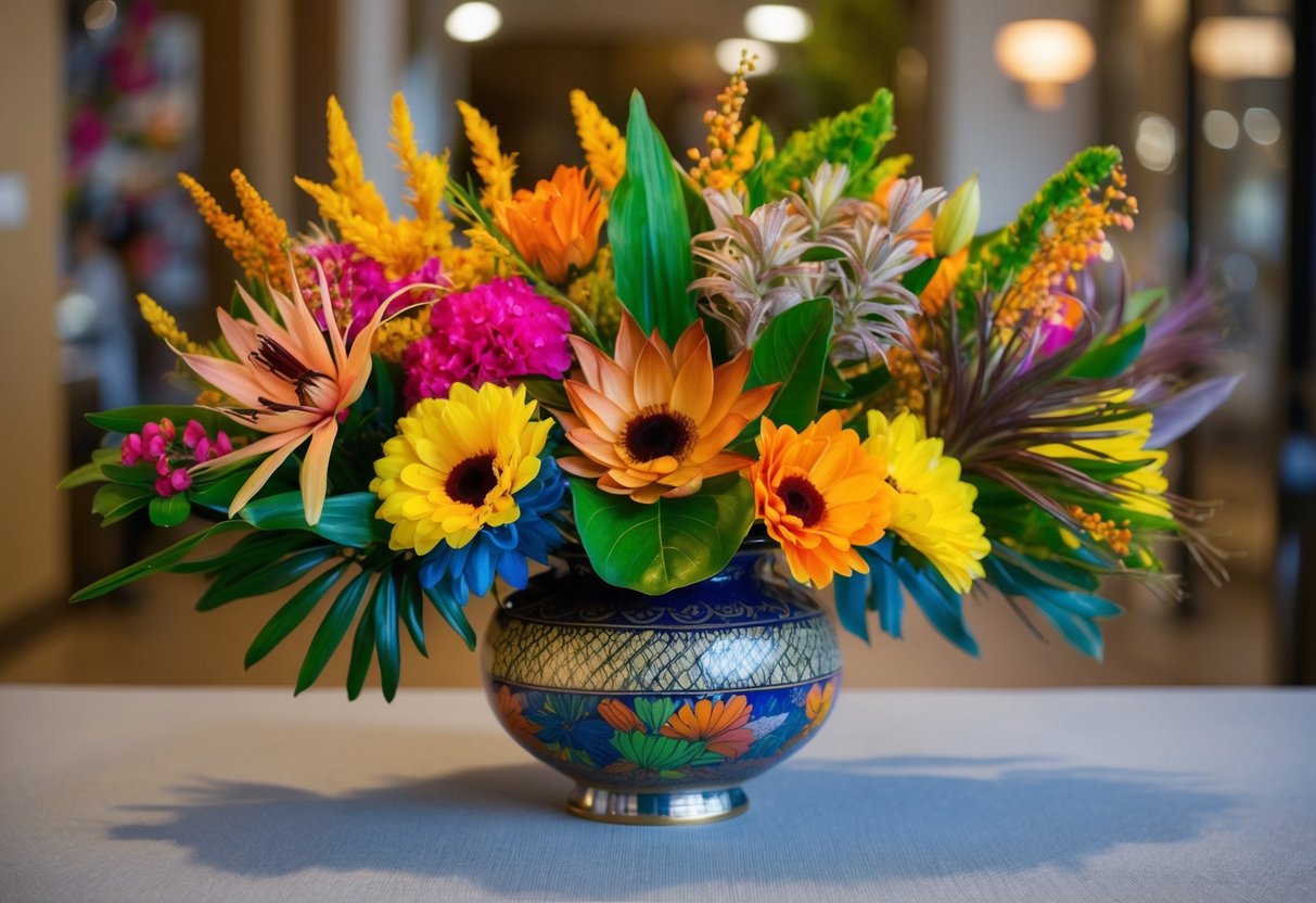 A colorful array of silk flowers, including native Australian varieties, arranged in a decorative vase on a table