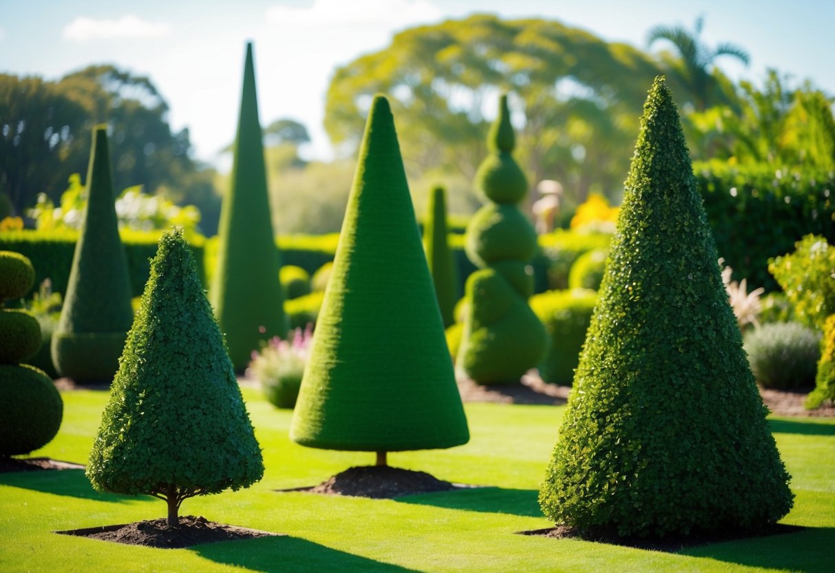 Lush, green artificial topiary trees in various shapes and sizes dotting the landscape of a garden in Australia