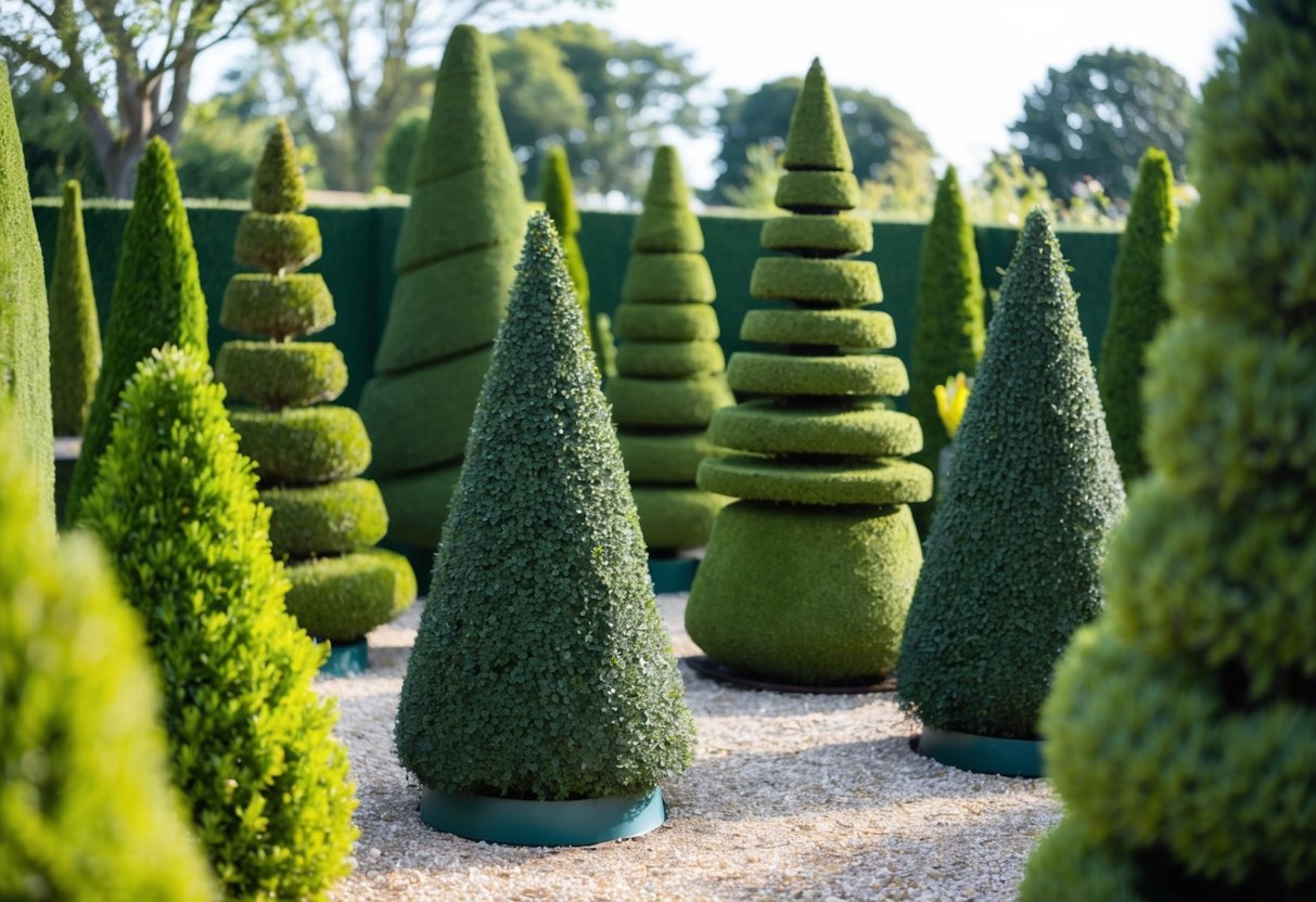 A well-kept garden with artificial topiary trees neatly arranged in various shapes and sizes, adding a touch of greenery and elegance to the outdoor space