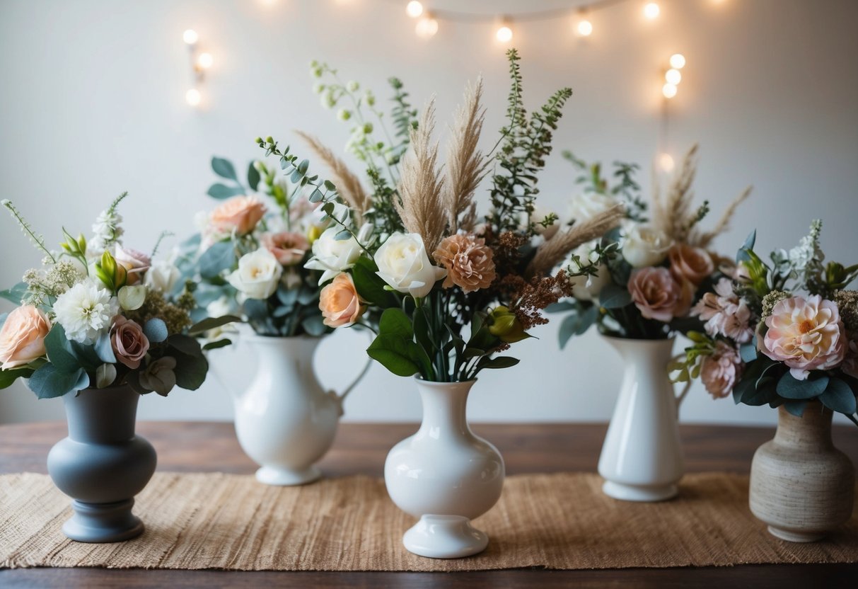 A table adorned with faux floral arrangements in various vases