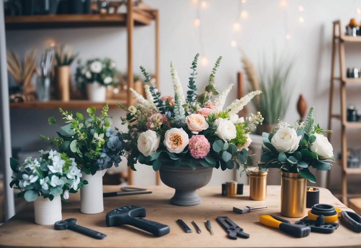 A table with various faux floral arrangements, surrounded by tools and materials