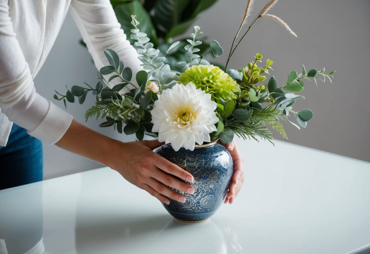 A pair of hands arranging a variety of faux flowers and greenery in a decorative vase on a clean, well-lit table