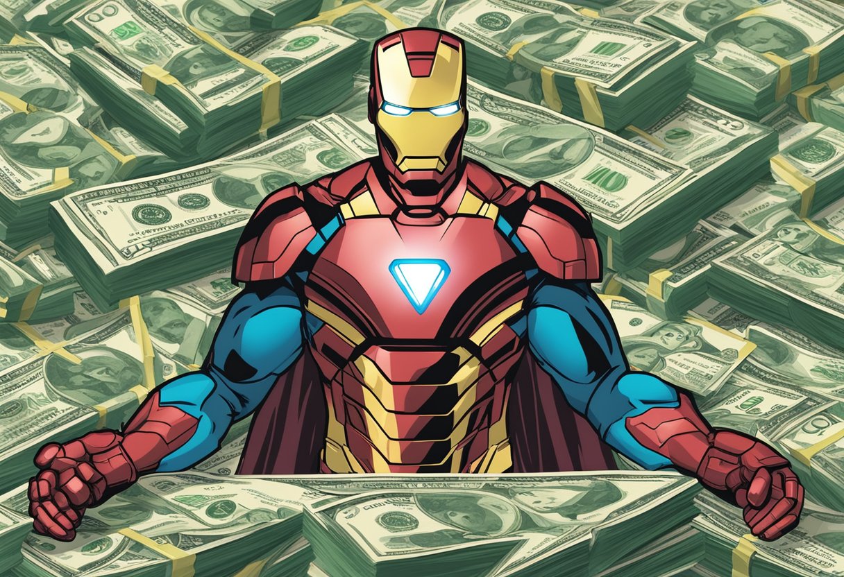 Een stapel geld en een superheldenpak symboliseren Robert Downey Jr.'s opkomst van Iron Man tot multimiljonair.