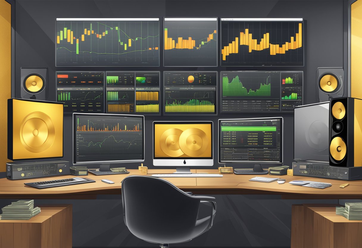 Een opnamestudio met gouden platen aan de muren, een stapel geld op de tafel en aandelenmarktcijfers op het computerscherm