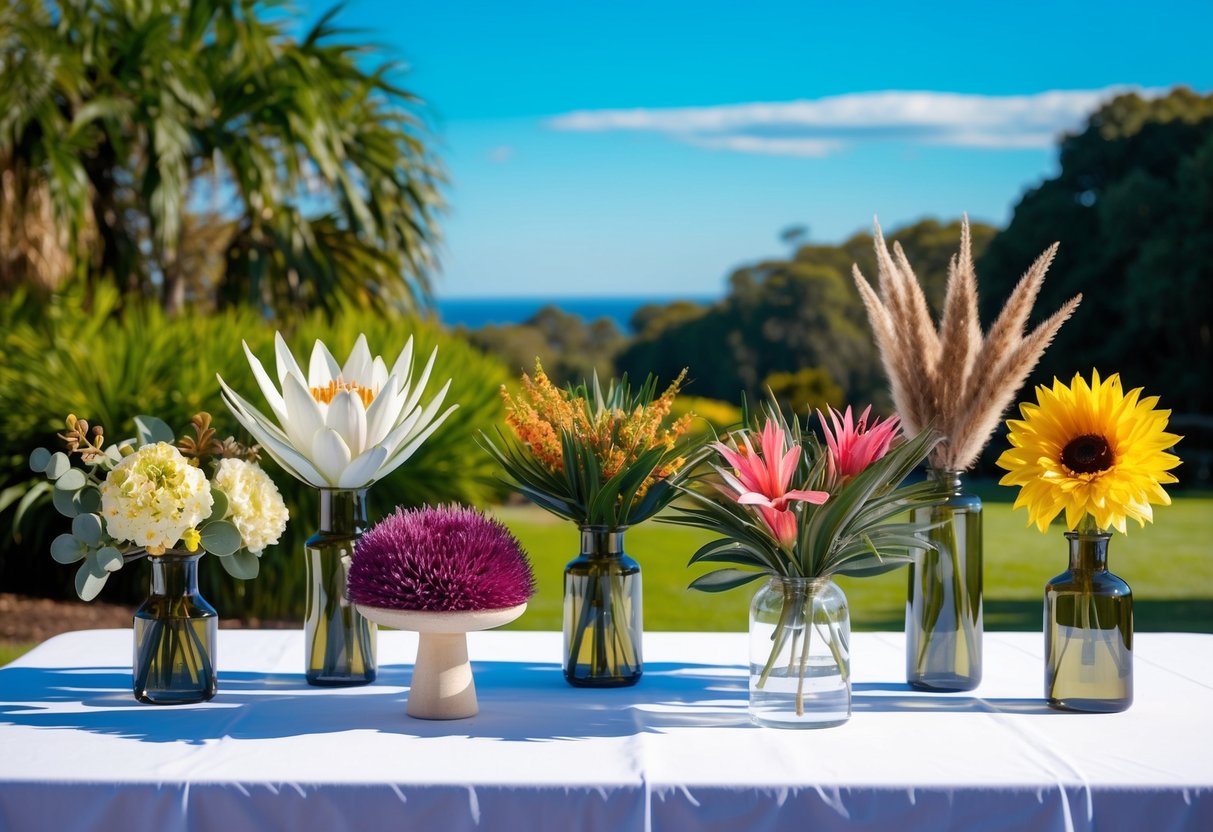 A table with various faux flower arrangements in Australia, including native and exotic blooms, set against a backdrop of lush greenery and blue skies