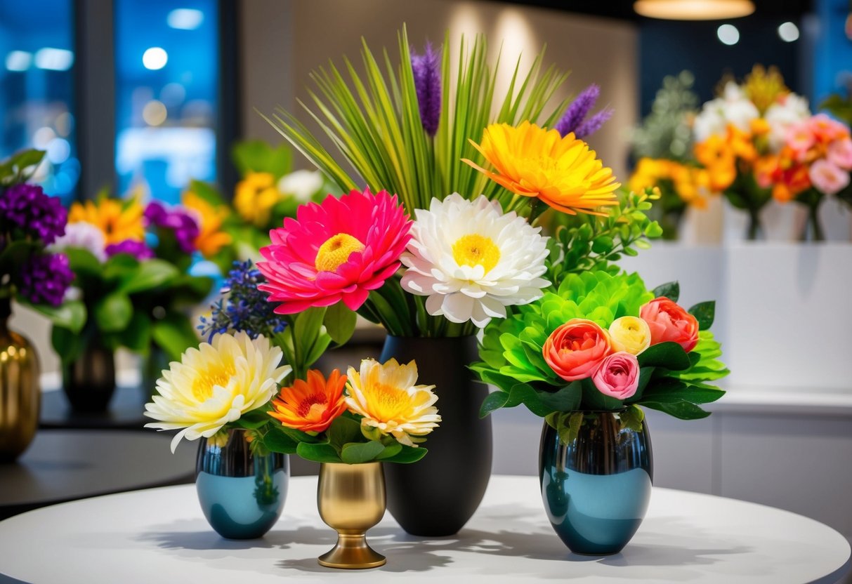 A vibrant display of popular faux flower varieties in Australia, arranged in a stylish vase on a modern table