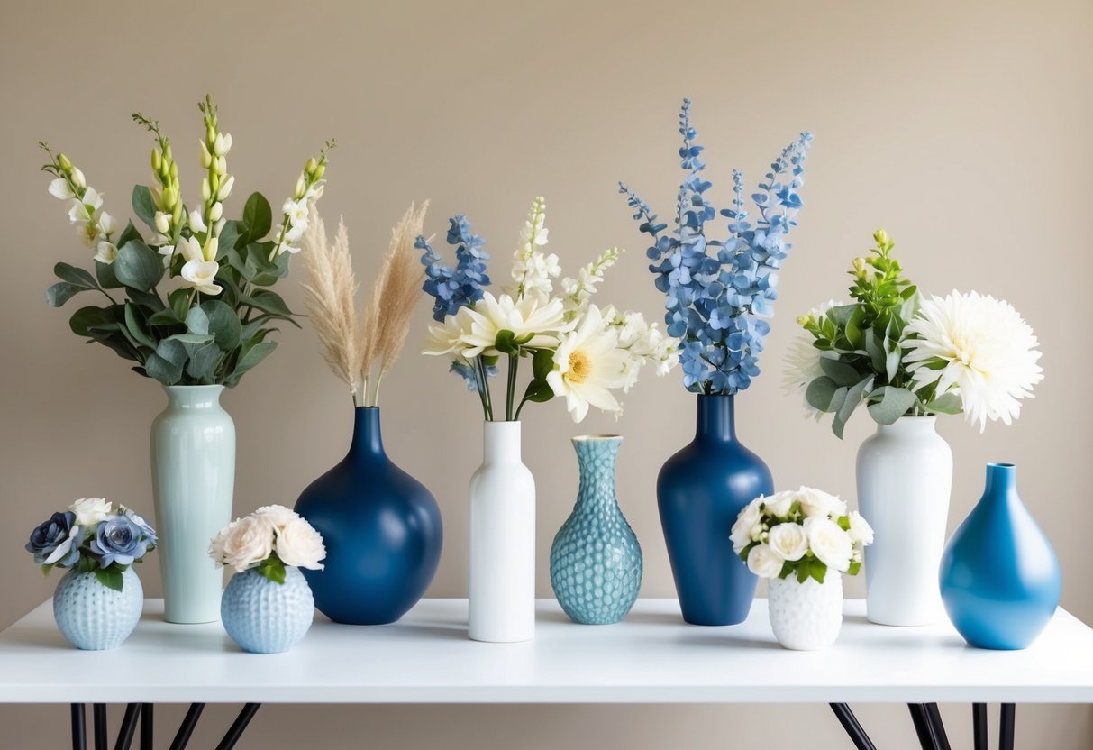 A table with a variety of faux flower arrangements in different vases, displayed against a neutral background with natural lighting