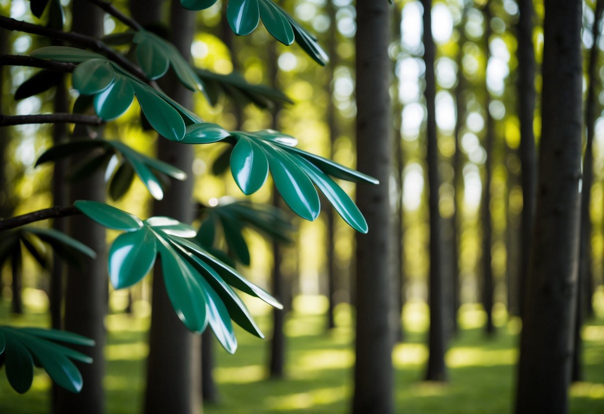 A serene forest of artificial trees, their plastic leaves catching the light