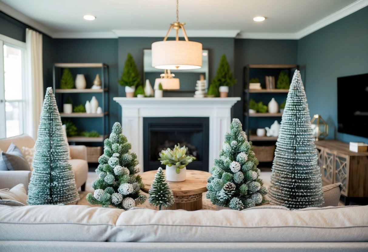 A cozy living room with faux trees as decorative accents, adding a touch of nature to the space