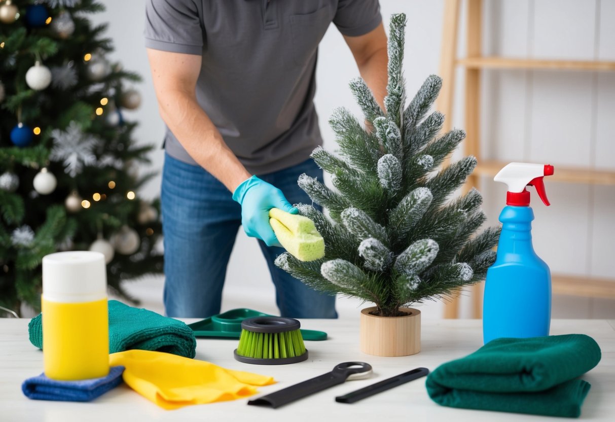 A person gently dusts and fluffs a faux tree, surrounded by cleaning supplies and tools