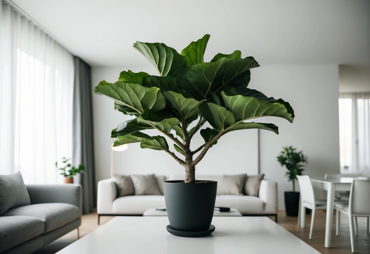 A fiddle leaf fig plant sits in a modern, minimalist living room, surrounded by sleek furniture and soft natural light