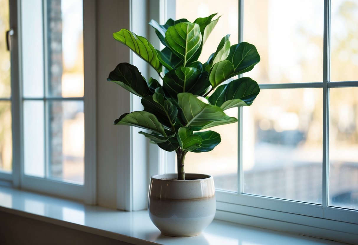 A realistic-looking artificial fiddle leaf fig plant sits in a modern ceramic pot on a sunny windowsill