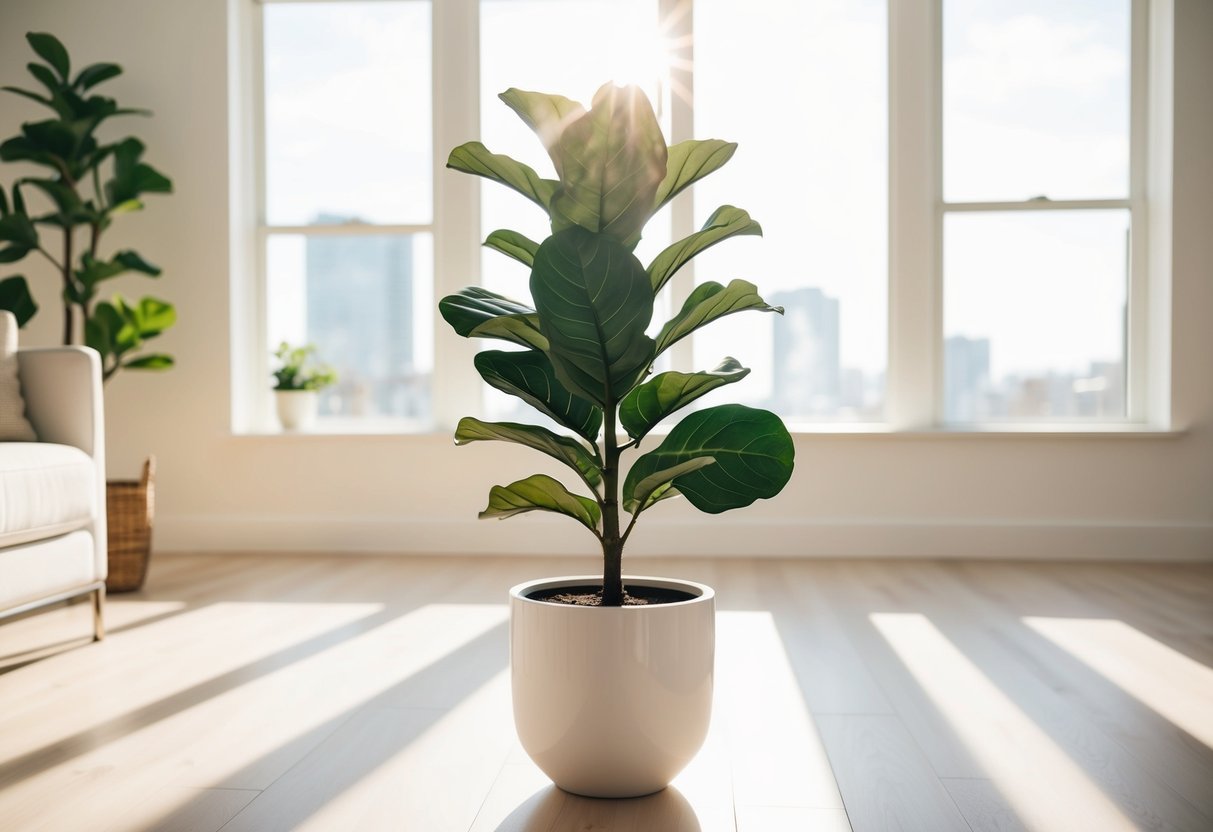 A bright, modern living room with a sleek white pot holding a realistic-looking fake fiddle leaf fig plant. Sunlight streams through the window, casting a warm glow on the room