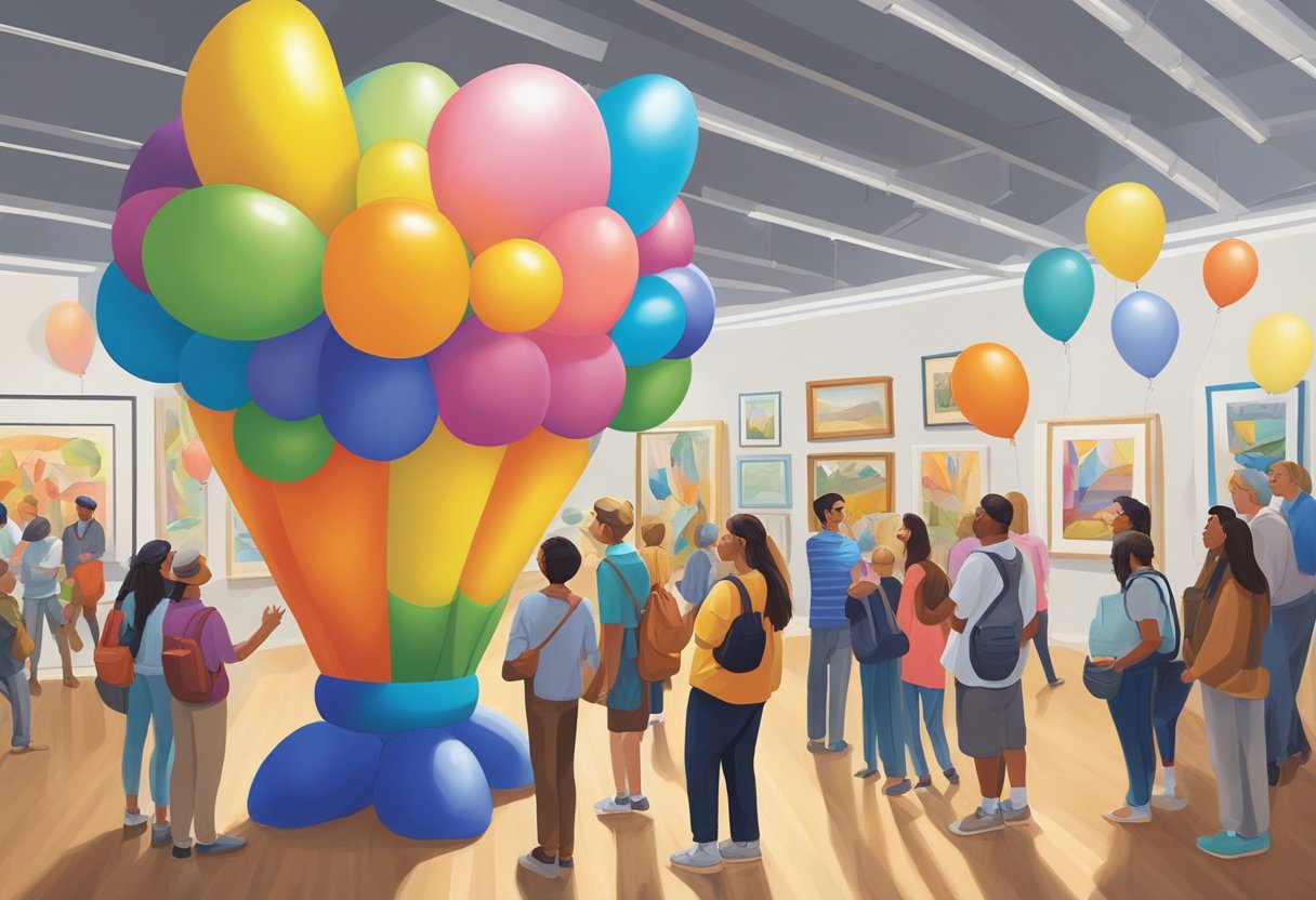 Een kleurrijk en levensgroot beeldhouwwerk van een ballondier staat in het midden van een drukke kunstgalerie, omringd door bewonderende toeschouwers.