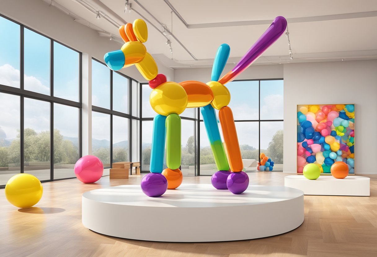 Een kleurrijke ballonhondsculptuur staat in een heldere, moderne galerie, omringd door andere glanzende, oversized alledaagse voorwerpen.