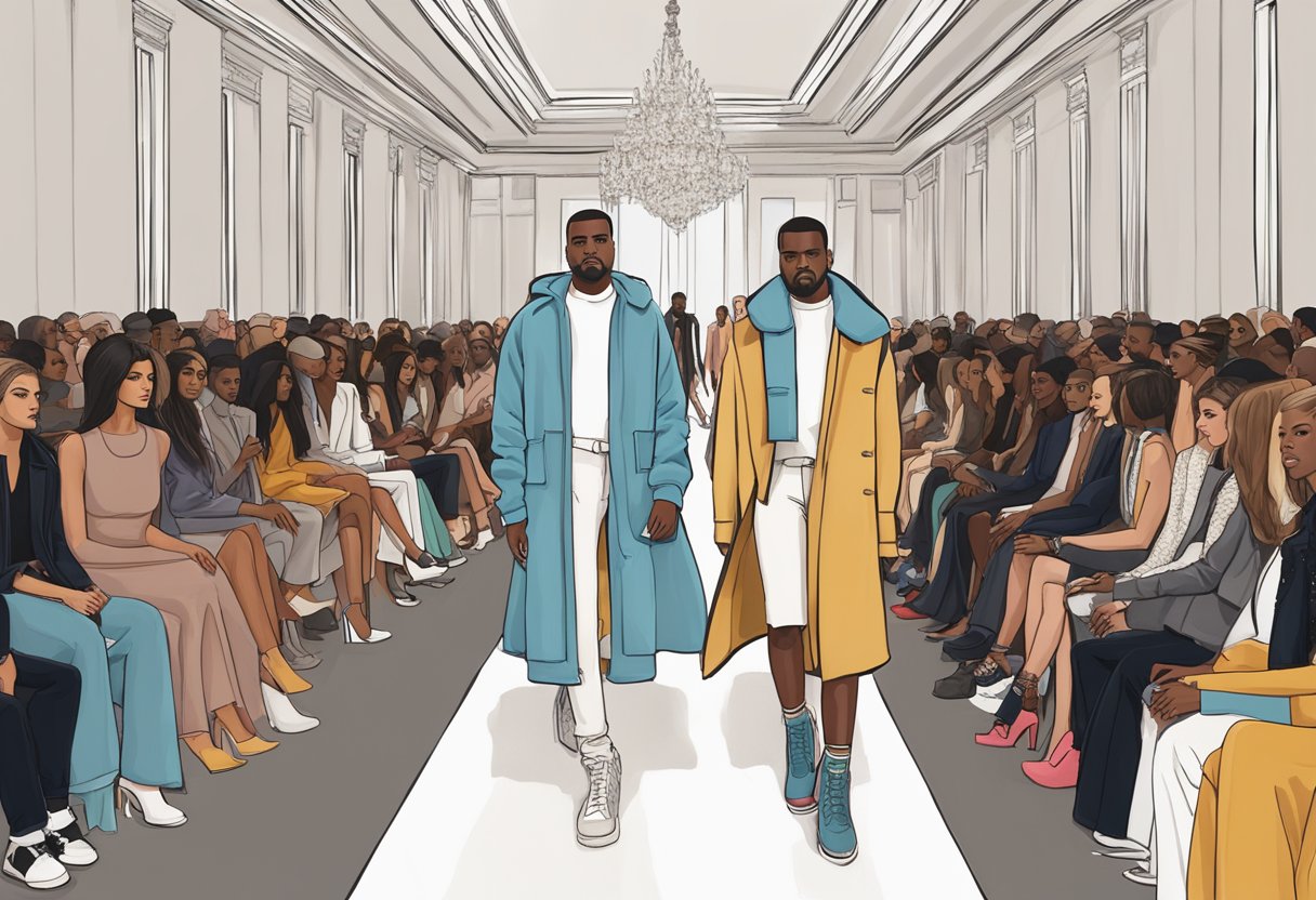 Een stijlvolle modeshow met de kledinglijn van Kanye West, met modellen die over de catwalk paraderen in trendy en luxueuze outfits.