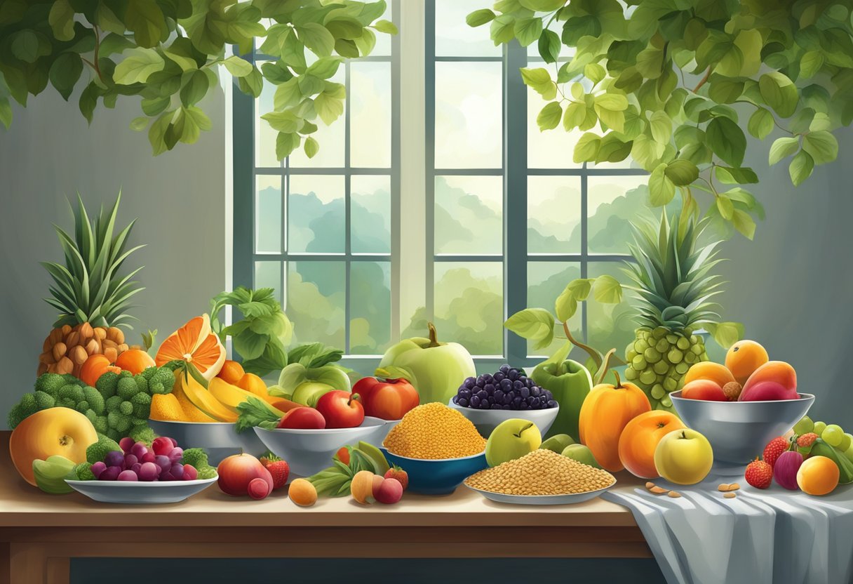 A table set with a colorful array of fruits, vegetables, nuts, and grains, surrounded by natural light and greenery