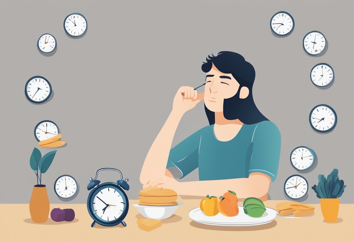 A clock showing different times throughout the day, with a person ignoring hunger cues and making common mistakes while starting intermittent fasting