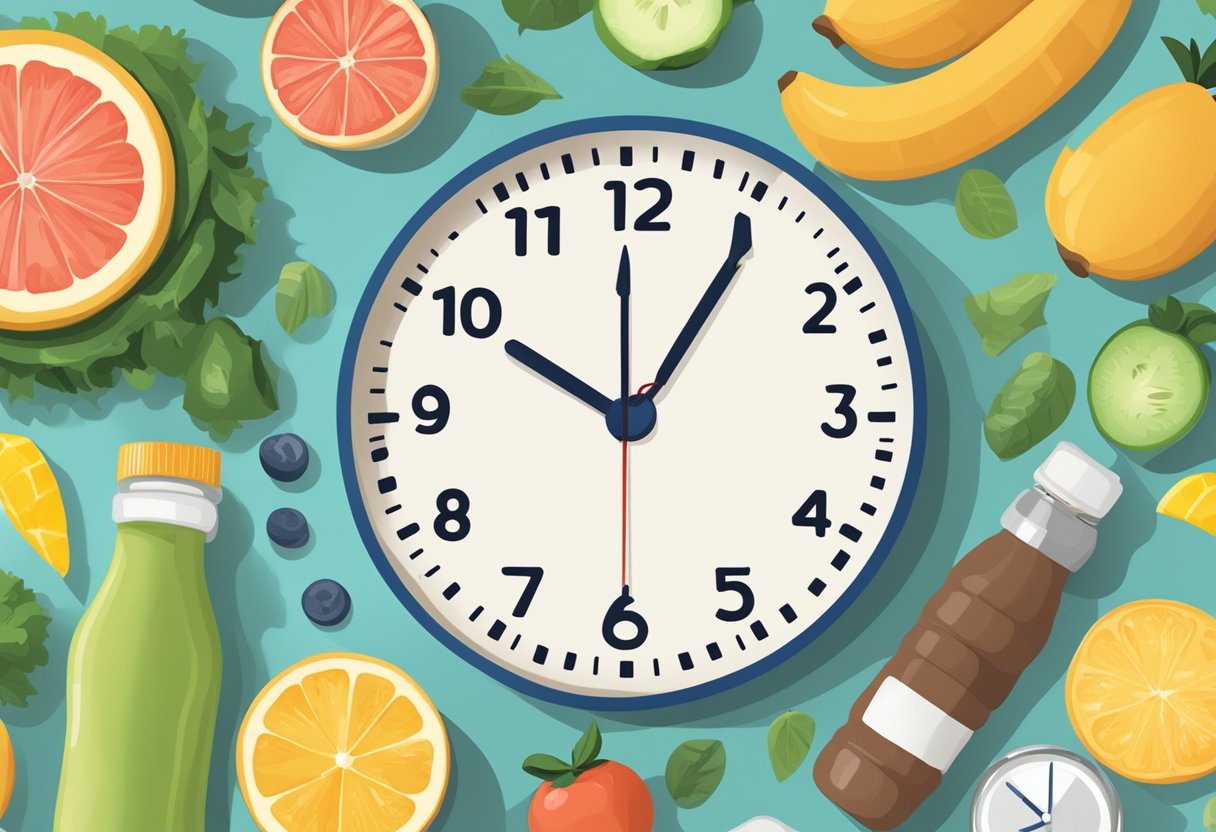 A clock showing the time intervals for 16:8, 5:2, and OMAD fasting plans, surrounded by various healthy food options and water bottles