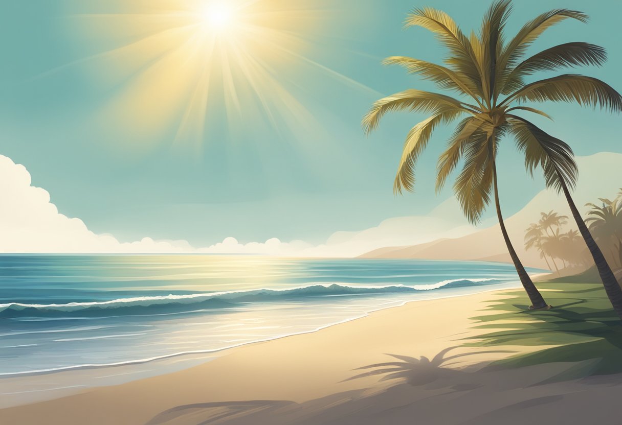 A serene, sunlit beach with a lone palm tree casting a shadow, as waves gently roll onto the shore, symbolizing patience and tranquility amidst hunger