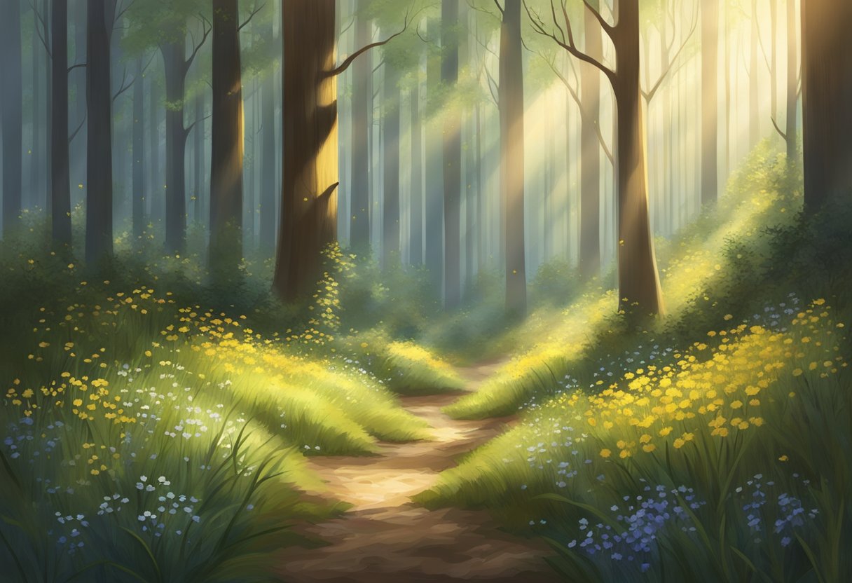 A serene, sunlit forest clearing with a beam of light illuminating a patch of wildflowers, conveying a sense of mental clarity and peace